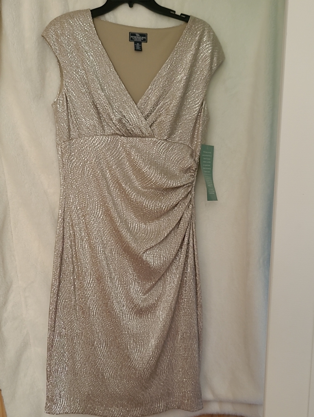 American Living Metallic Champagne Ruched V-Neck Midi Dress